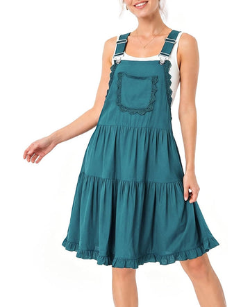 Teal-blue short overall dress with adjustable straps and lace-trimmed pockets