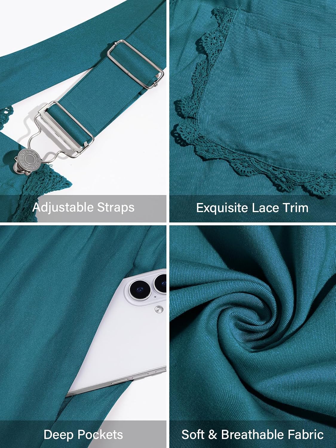 Teal-blue overall dress detail: adjustable buckles, lace trim, deep side pockets, soft fabric