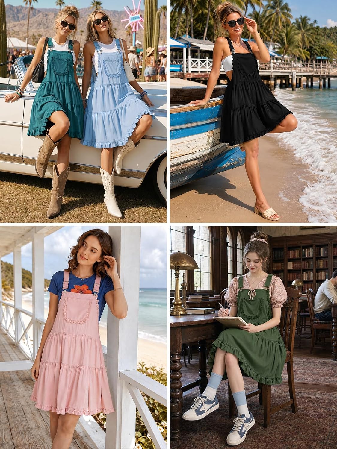 Teal-blue short overall dress with tiered hem and adjustable straps, lace-trim chest pocket
