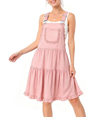 Pink short overall dress with adjustable straps, lace-trimmed pocket bib, tiered skirt