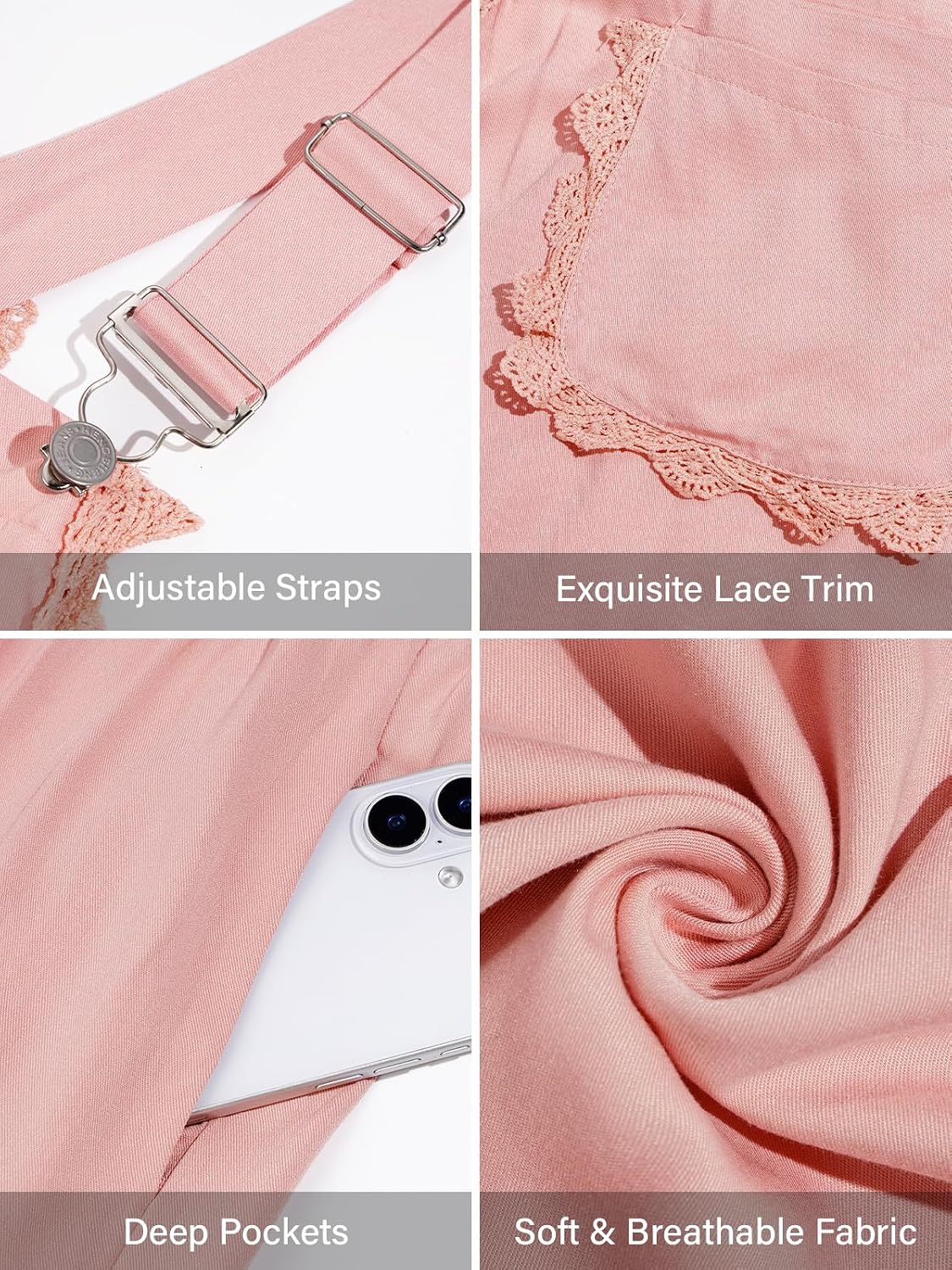 Pink short overall dress details: adjustable straps, lace trim pocket, deep pockets