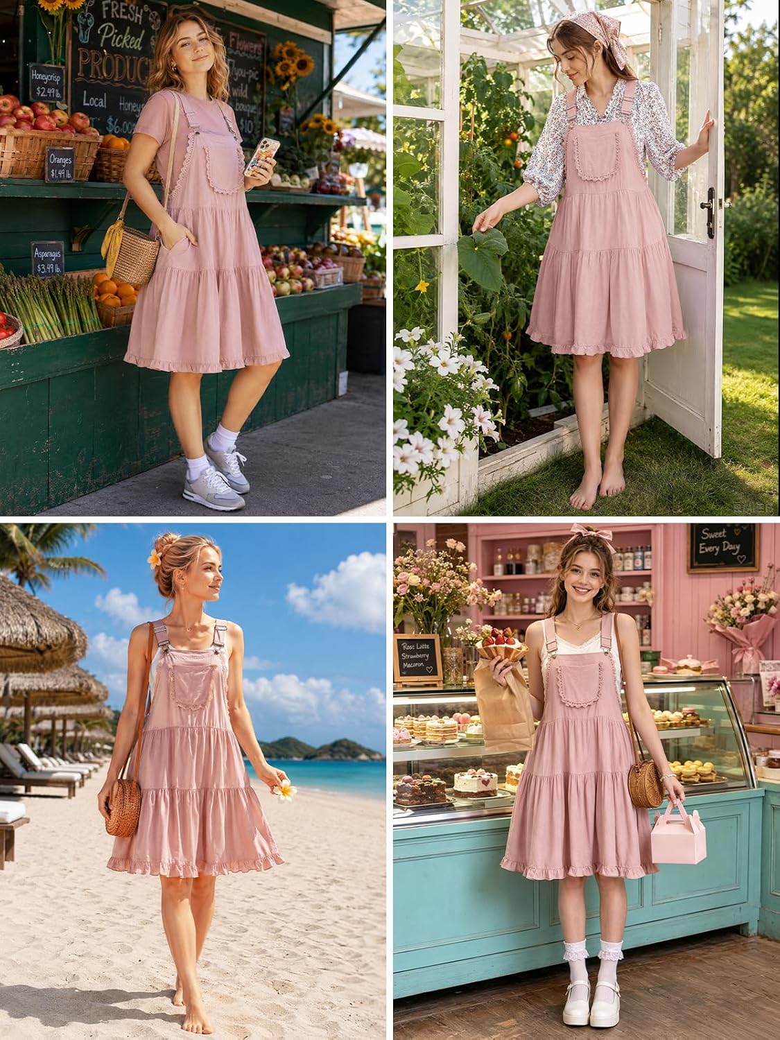 Pink tiered short overall dress with lace-trimmed pocket and adjustable straps