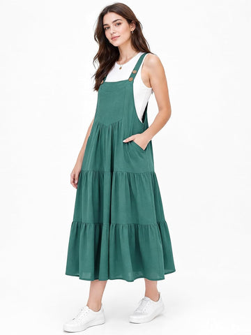 Teal tiered midi overall dress with adjustable straps, wide skirt