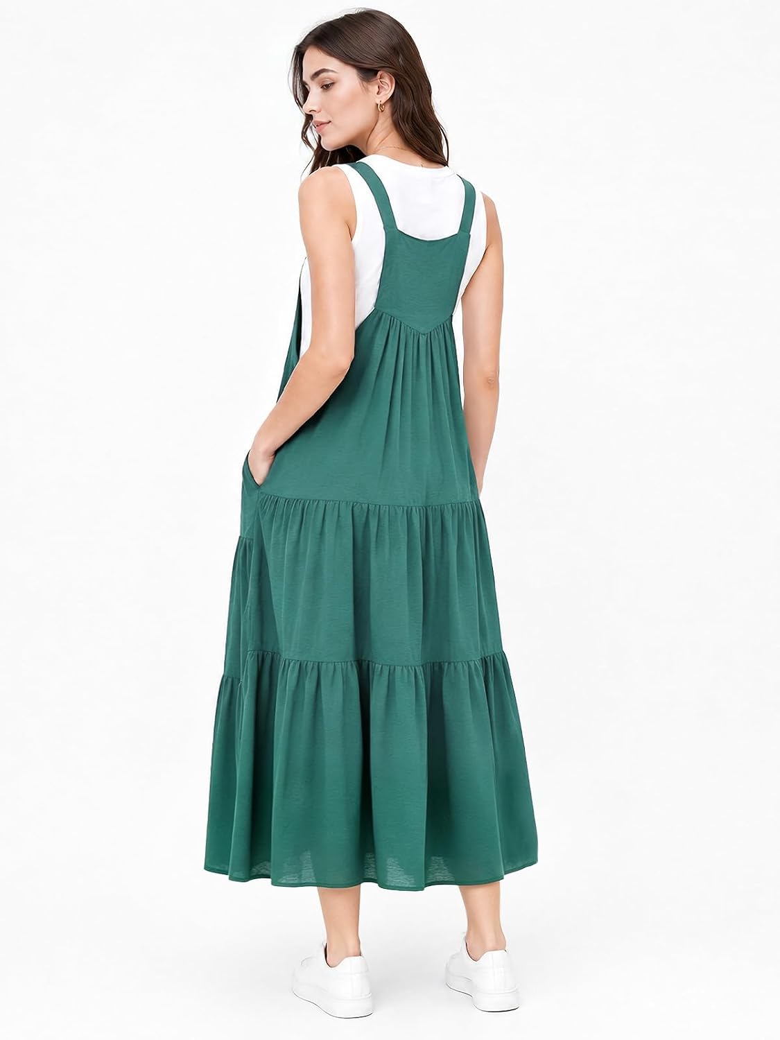 Teal tiered midi overall dress, racerback straps