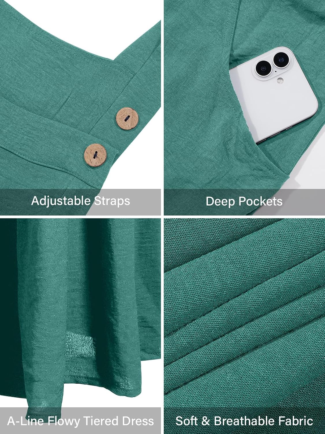 Teal overall dress close-up: adjustable straps with wood buttons and deep pockets