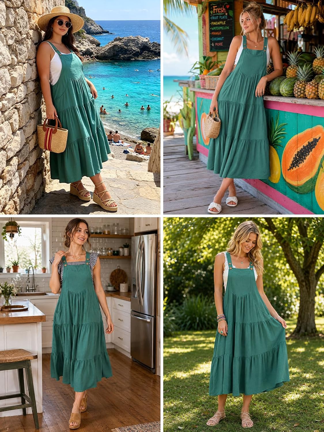Teal tiered midi overall dress with adjustable straps and tiered skirt