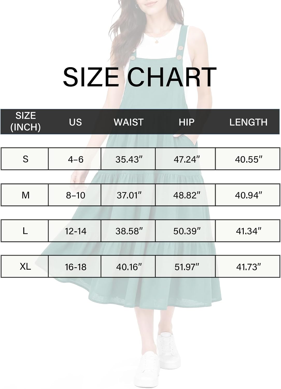 Size chart for tiered midi overall dress: waist, hip, and length by size