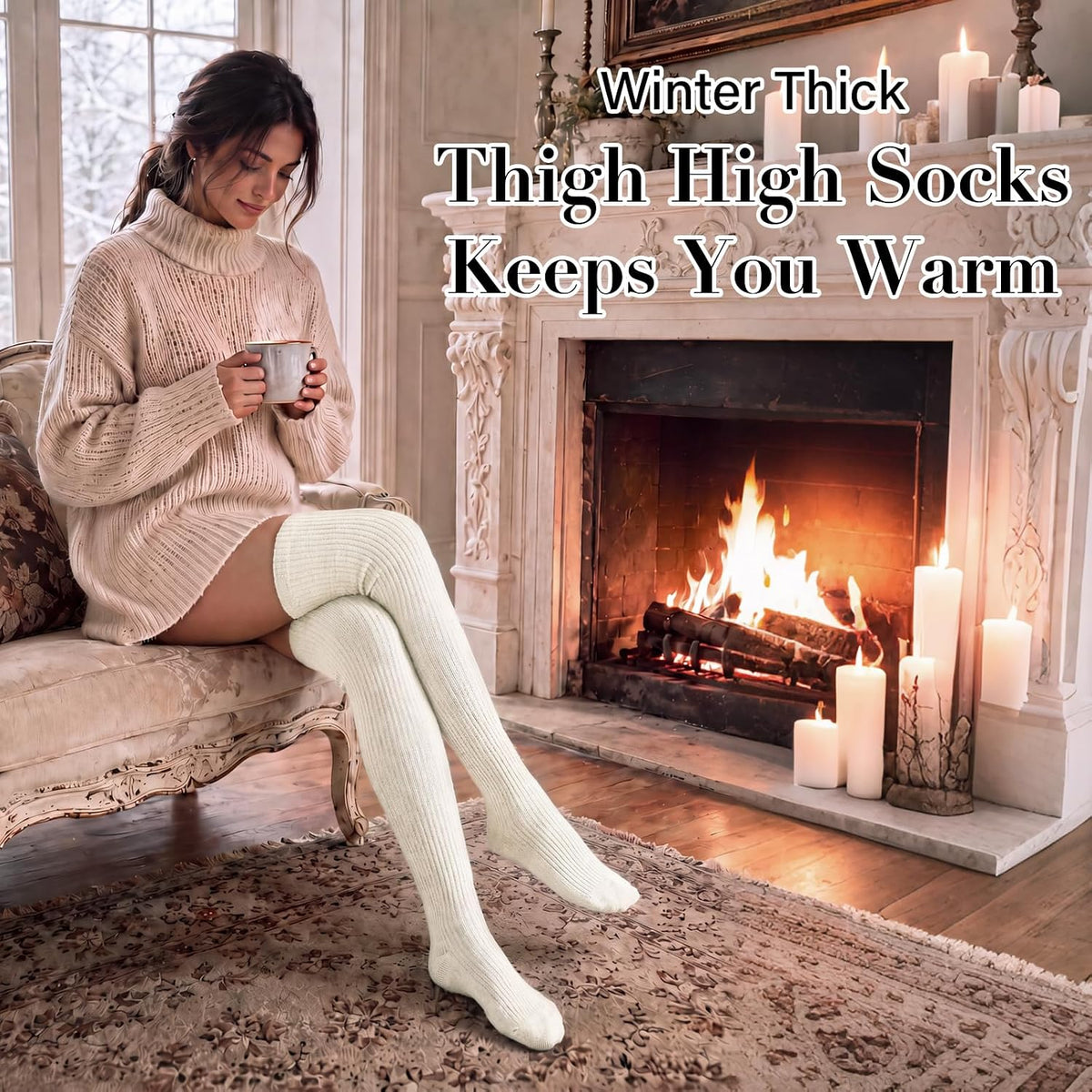 Moon Wood Thigh High Socks Over The Knee Long Boot Stockings Thick Leg Warmers - Beige - view 2
