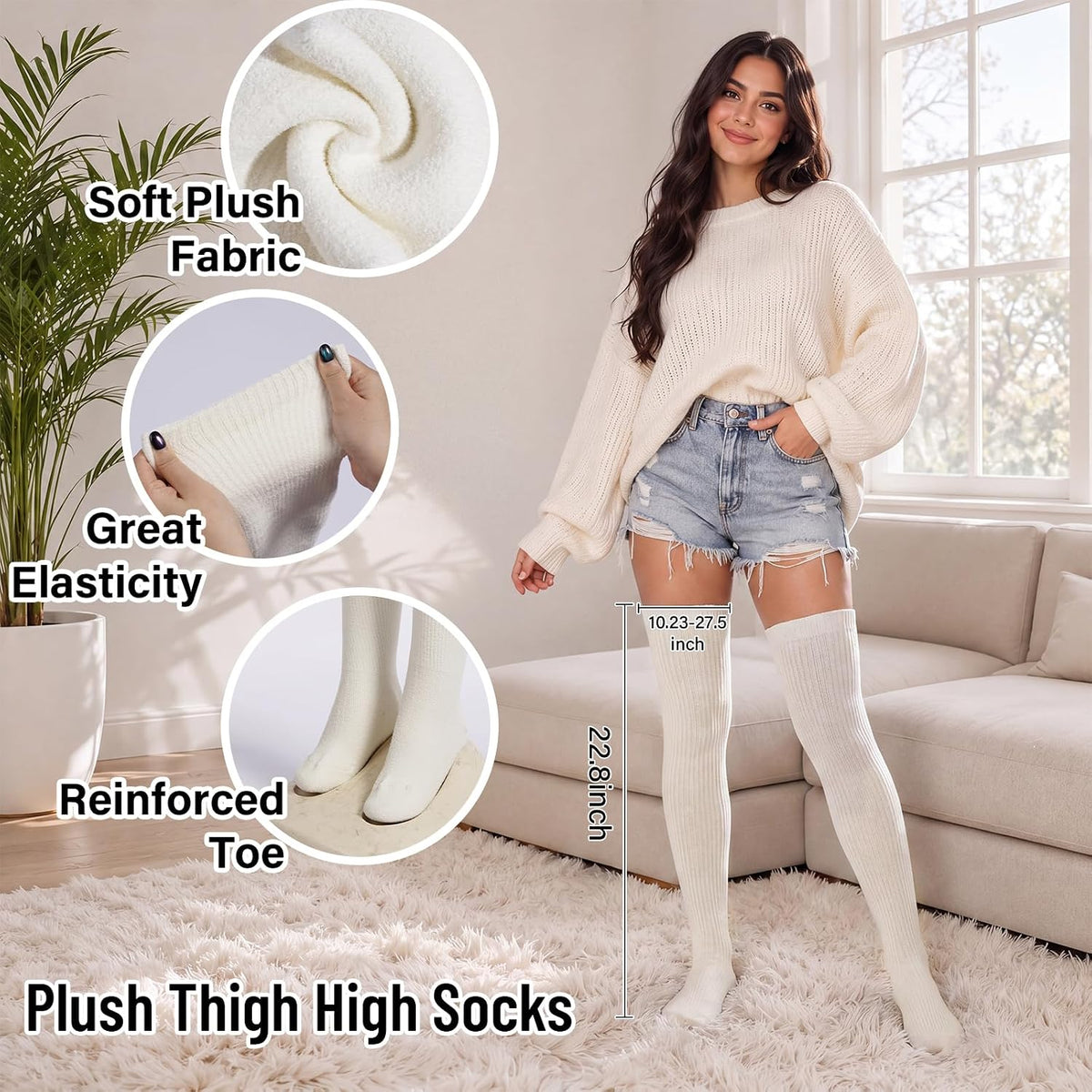 Moon Wood Thigh High Socks Over The Knee Long Boot Stockings Thick Leg Warmers - Beige - view 4