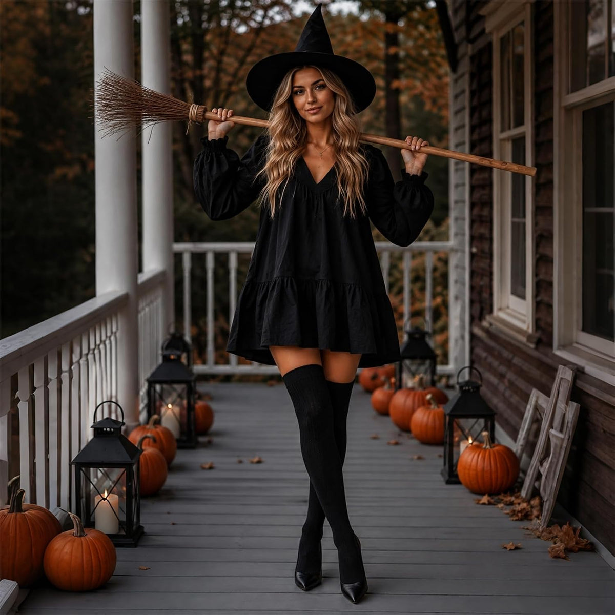 Moon Wood Thigh High Socks Over The Knee Long Boot Stockings Thick Leg Warmers - Black - view 2