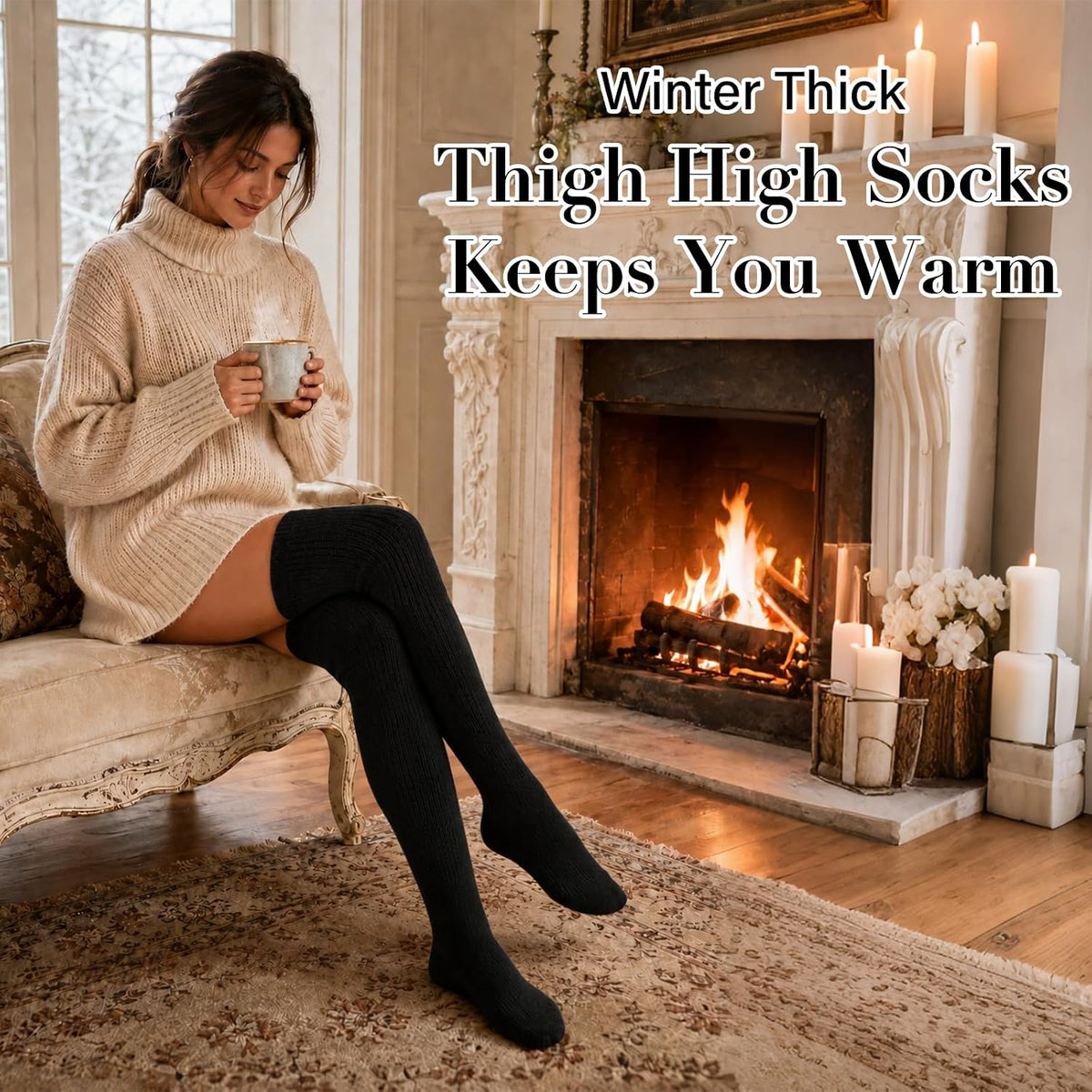 Moon Wood Thigh High Socks Over The Knee Long Boot Stockings Thick Leg Warmers - Black - view 5