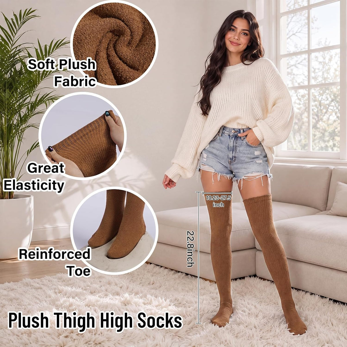 Moon Wood Thigh High Socks Over The Knee Long Boot Stockings Thick Leg Warmers - Brown - view 4