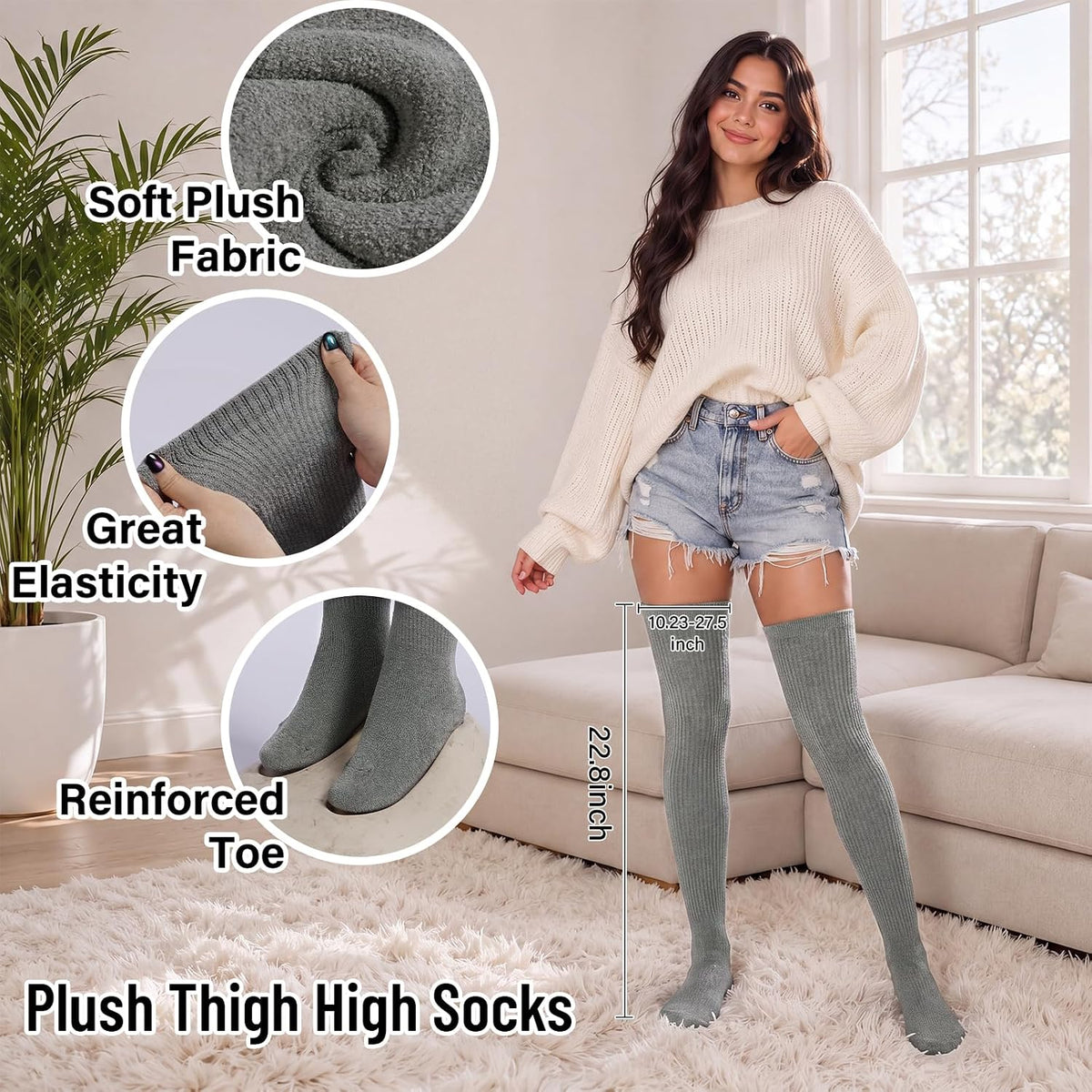 Moon Wood Thigh High Socks Over The Knee Long Boot Stockings Thick Leg Warmers - Grey - view 4