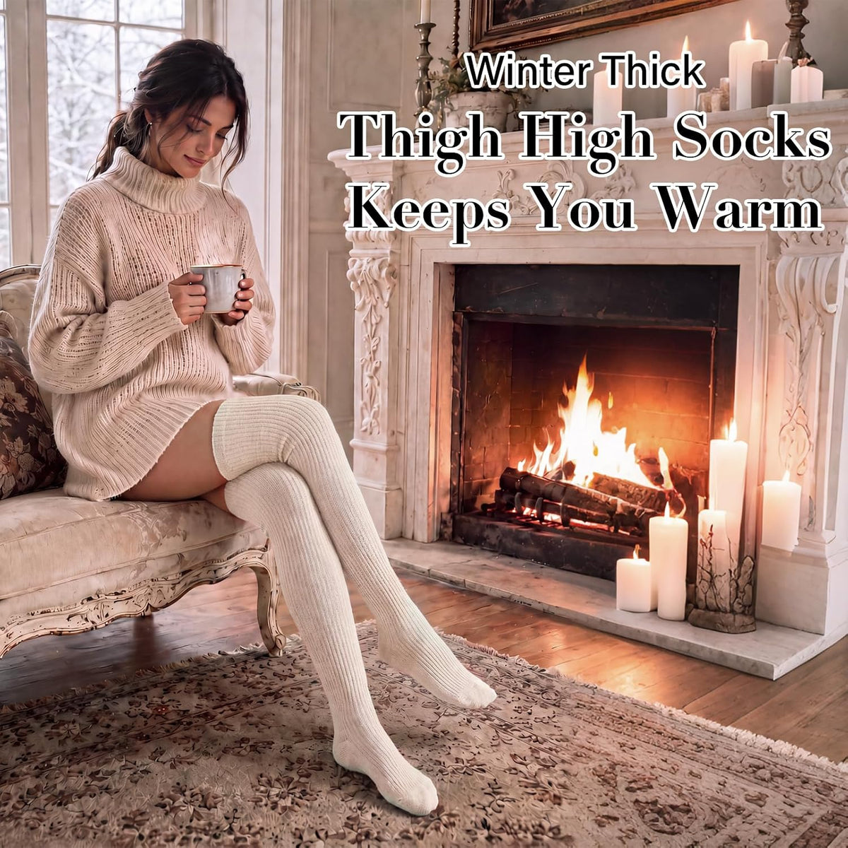 Moon Wood Thigh High Socks Over The Knee Long Boot Stockings Thick Leg Warmers - White - view 5