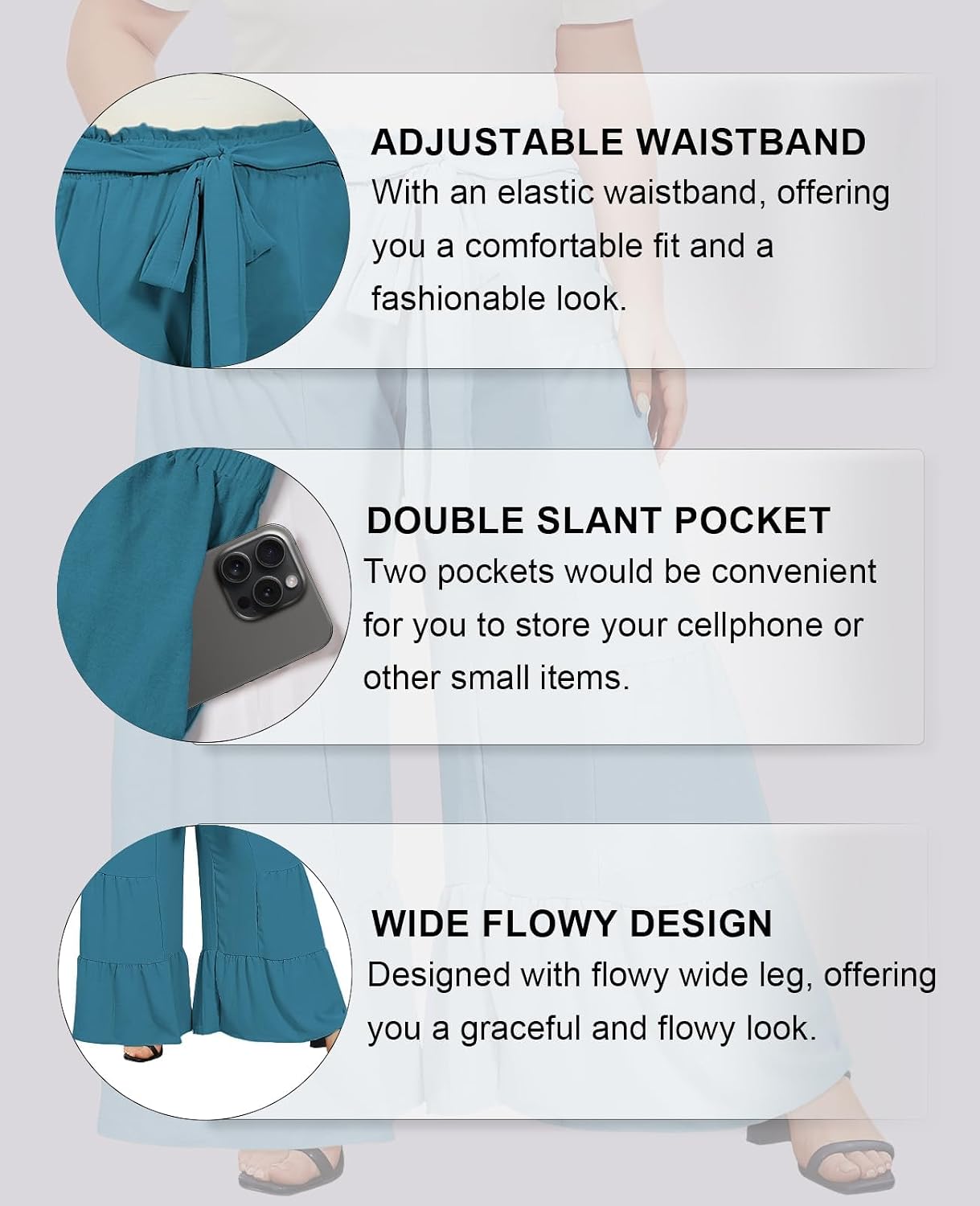 Turquoise palazzo pants showing elastic tie waistband and slant pocket details