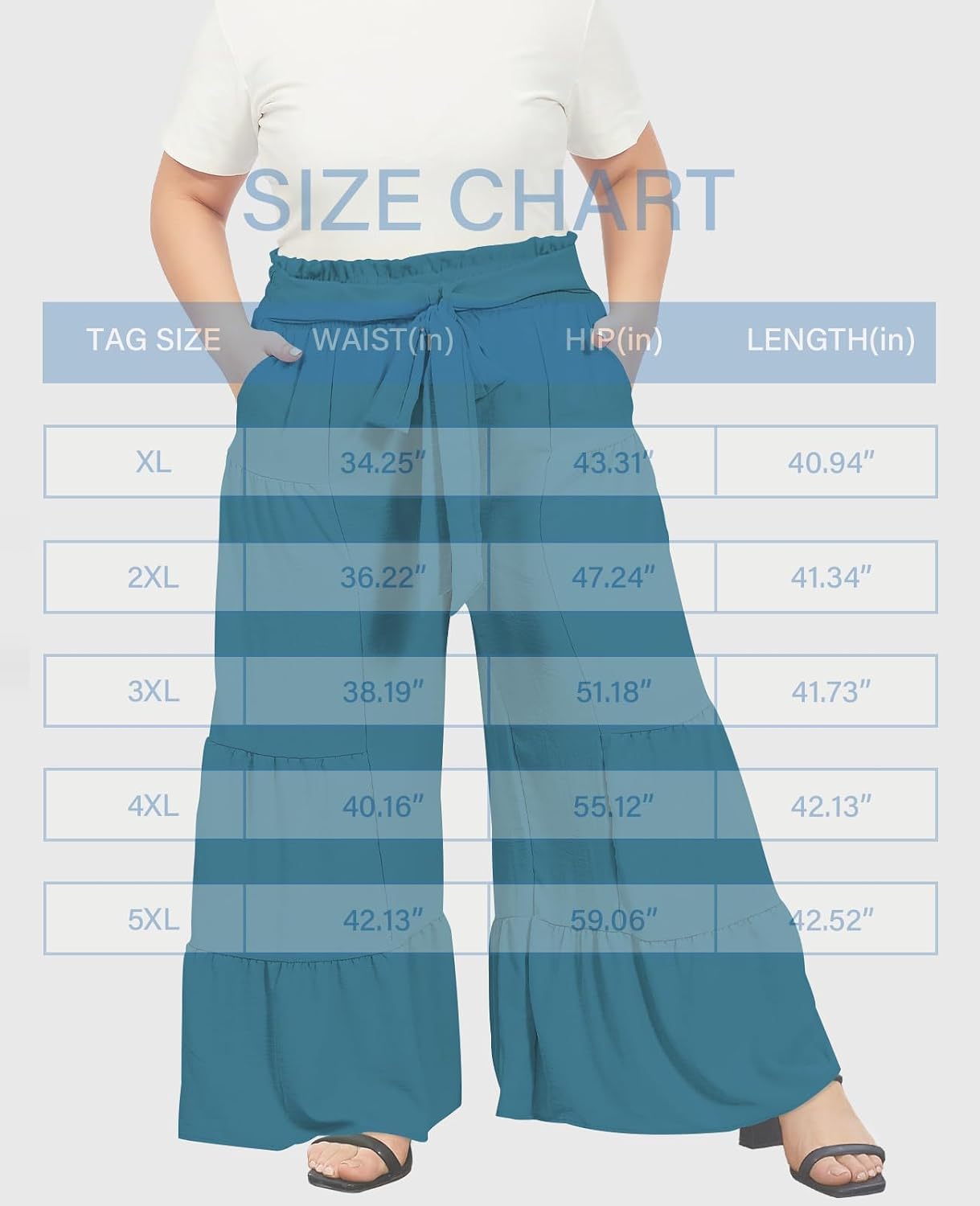 Turquoise palazzo pants with tie waist; size chart overlay on model
