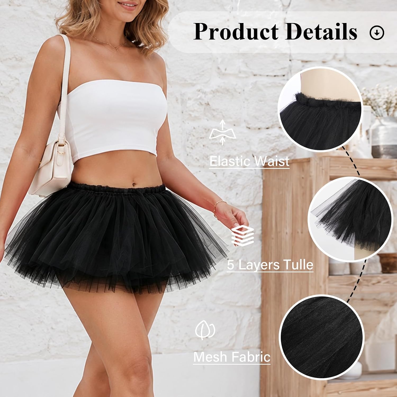 Moon Wood Tutu Skirts for Women Adult 5 Layered Puffy Tulle Skirt - Black