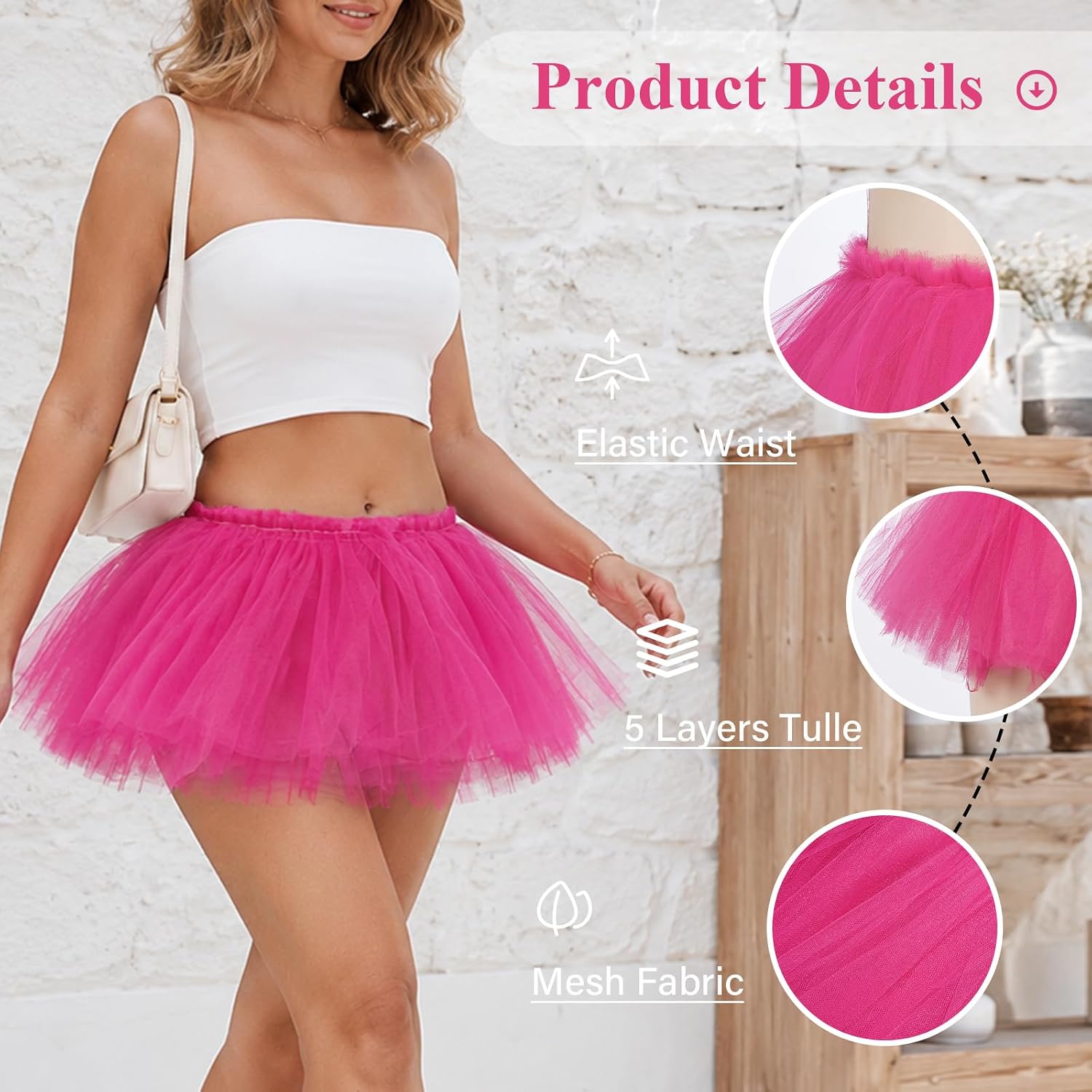 Moon Wood Tutu Skirts for Women Adult 5 Layered Puffy Tulle Skirt - Rose