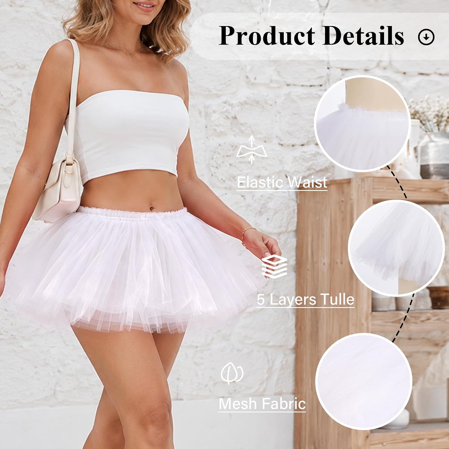 Moon Wood Tutu Skirts for Women Adult 5 Layered Puffy Tulle Skirt - White