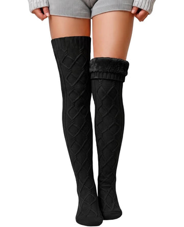 Moon Wood Women Fleece Lined Thigh High Socks Cable Knit Extra Long Boot Stocking - Black