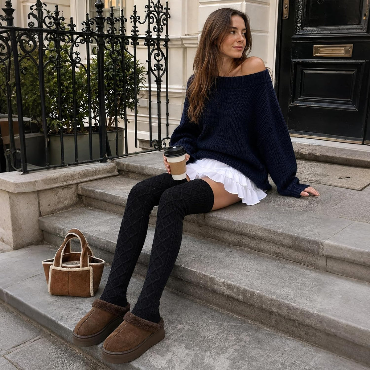 Moon Wood Women Fleece Lined Thigh High Socks Cable Knit Extra Long Boot Stocking - Black