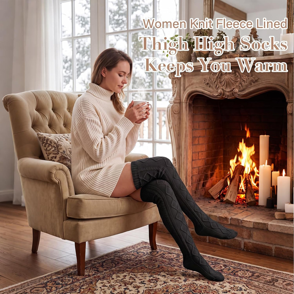 Moon Wood Women Fleece Lined Thigh High Socks Cable Knit Extra Long Boot Stocking - Black