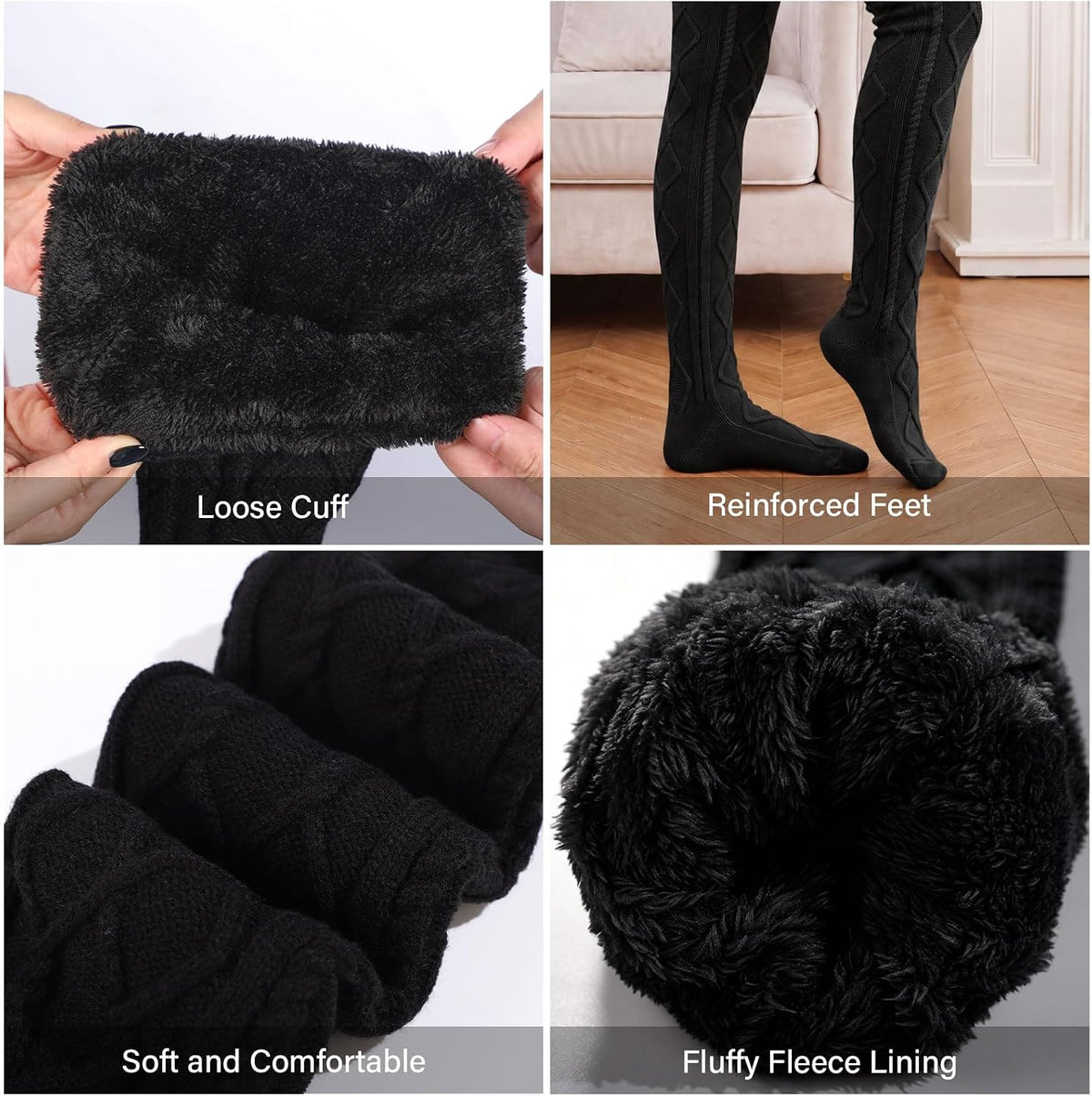 Moon Wood Women Fleece Lined Thigh High Socks Cable Knit Extra Long Boot Stocking - Black