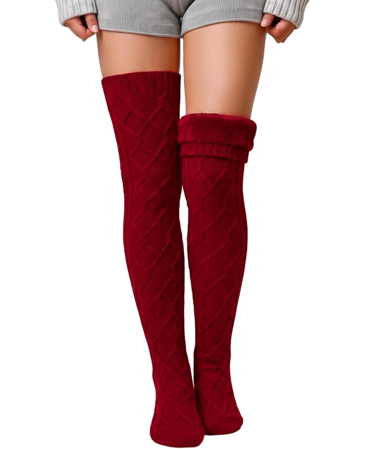 Moon Wood Women Fleece Lined Thigh High Socks Cable Knit Extra Long Boot Stocking - Burgundy