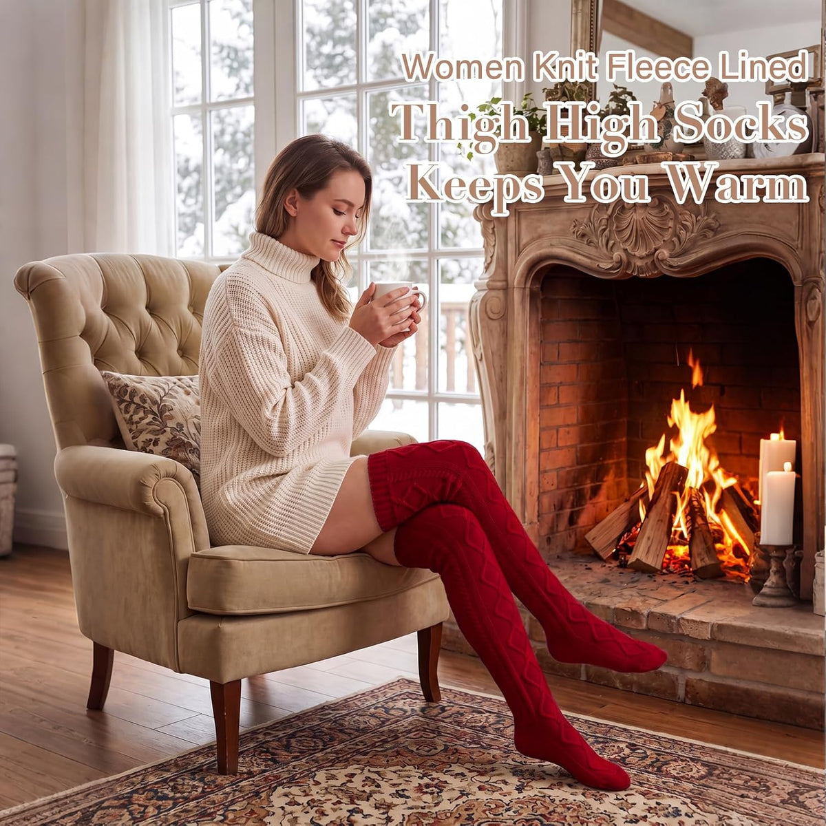 Moon Wood Women Fleece Lined Thigh High Socks Cable Knit Extra Long Boot Stocking - Burgundy