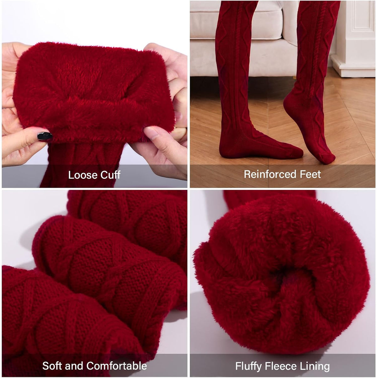 Moon Wood Women Fleece Lined Thigh High Socks Cable Knit Extra Long Boot Stocking - Burgundy