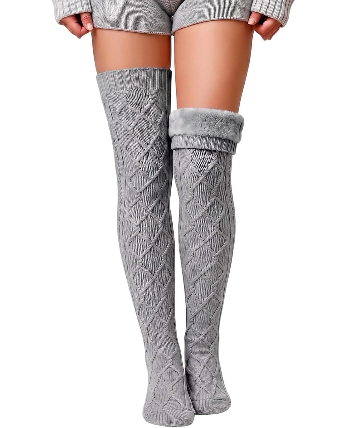 Moon Wood Women Fleece Lined Thigh High Socks Cable Knit Extra Long Boot Stocking - Grey