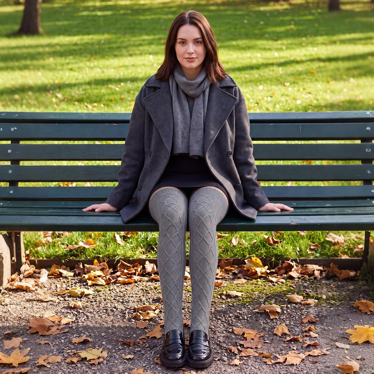 Moon Wood Women Fleece Lined Thigh High Socks Cable Knit Extra Long Boot Stocking - Grey