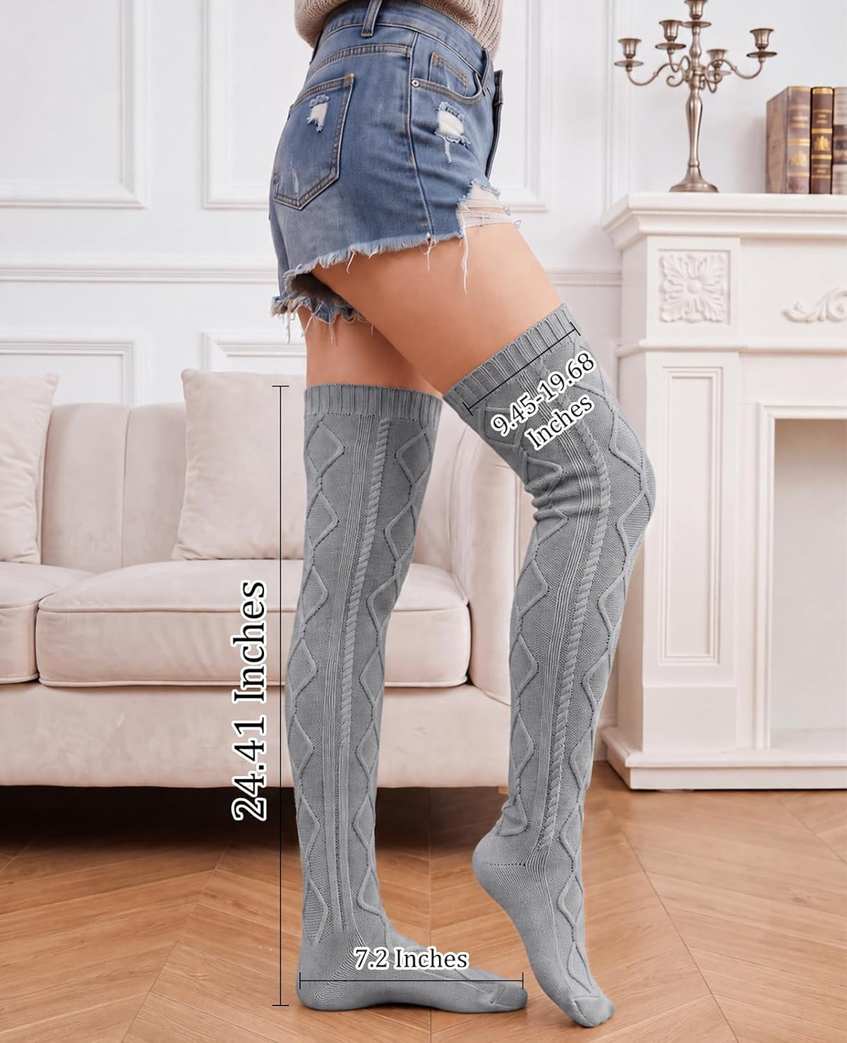 Moon Wood Women Fleece Lined Thigh High Socks Cable Knit Extra Long Boot Stocking - Grey