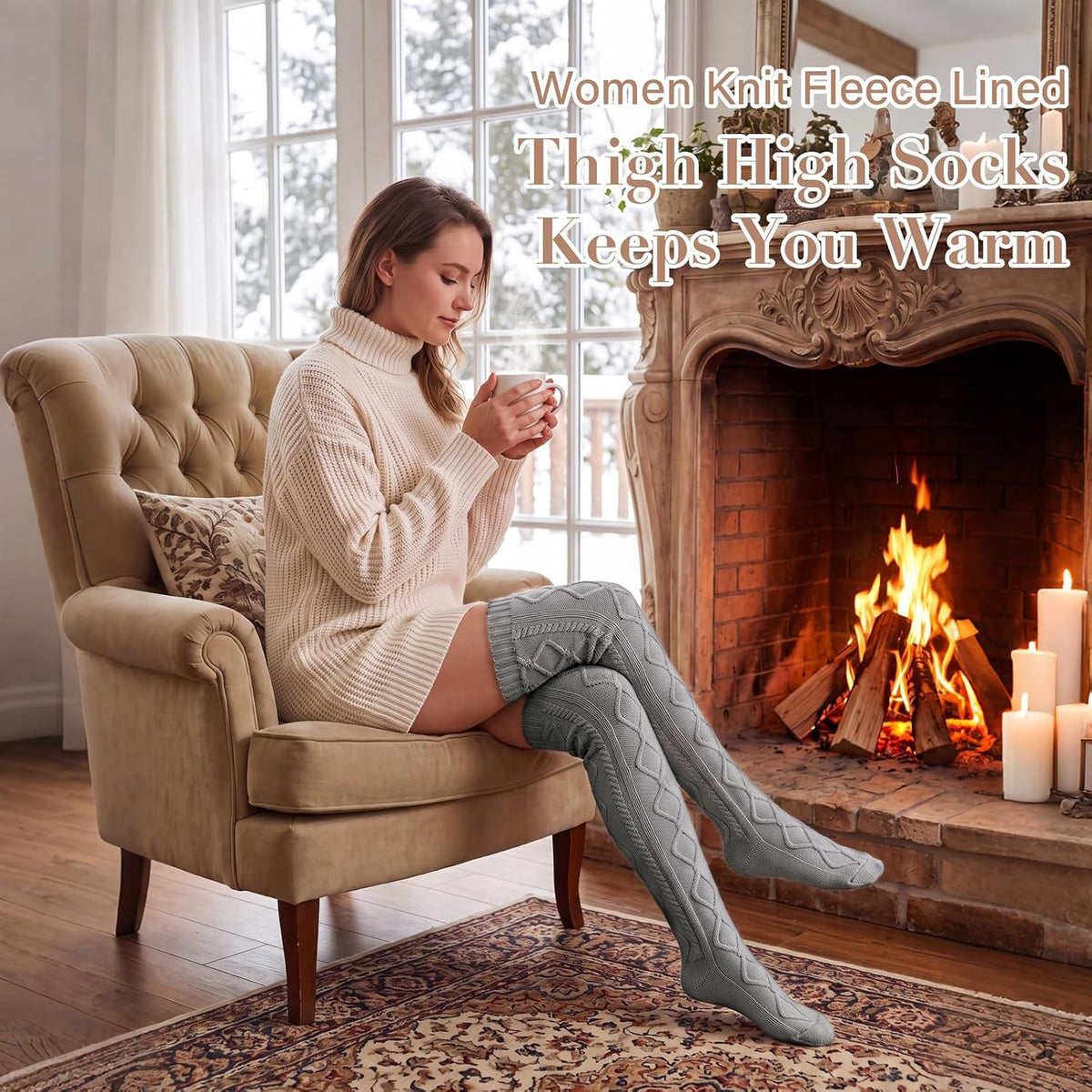 Moon Wood Women Fleece Lined Thigh High Socks Cable Knit Extra Long Boot Stocking - Grey