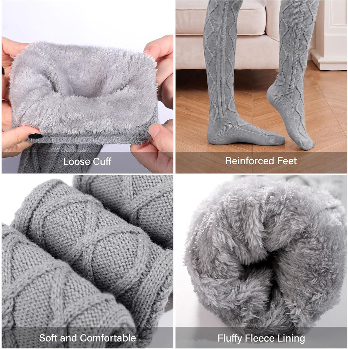 Moon Wood Women Fleece Lined Thigh High Socks Cable Knit Extra Long Boot Stocking - Grey