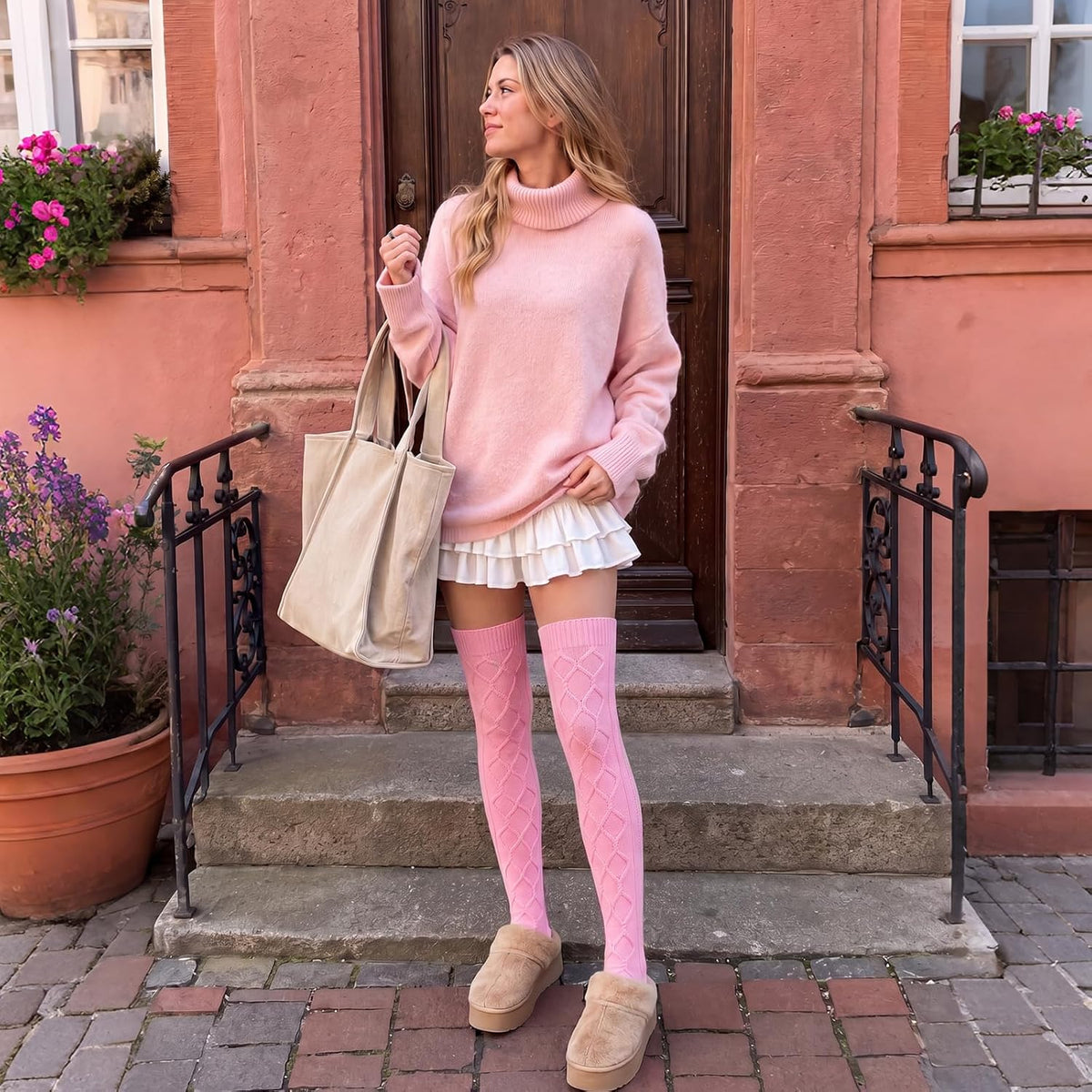Moon Wood Women Fleece Lined Thigh High Socks Cable Knit Extra Long Boot Stocking - Light Pink