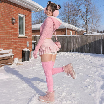 Moon Wood Women Fleece Lined Thigh High Socks Cable Knit Extra Long Boot Stocking - Light Pink