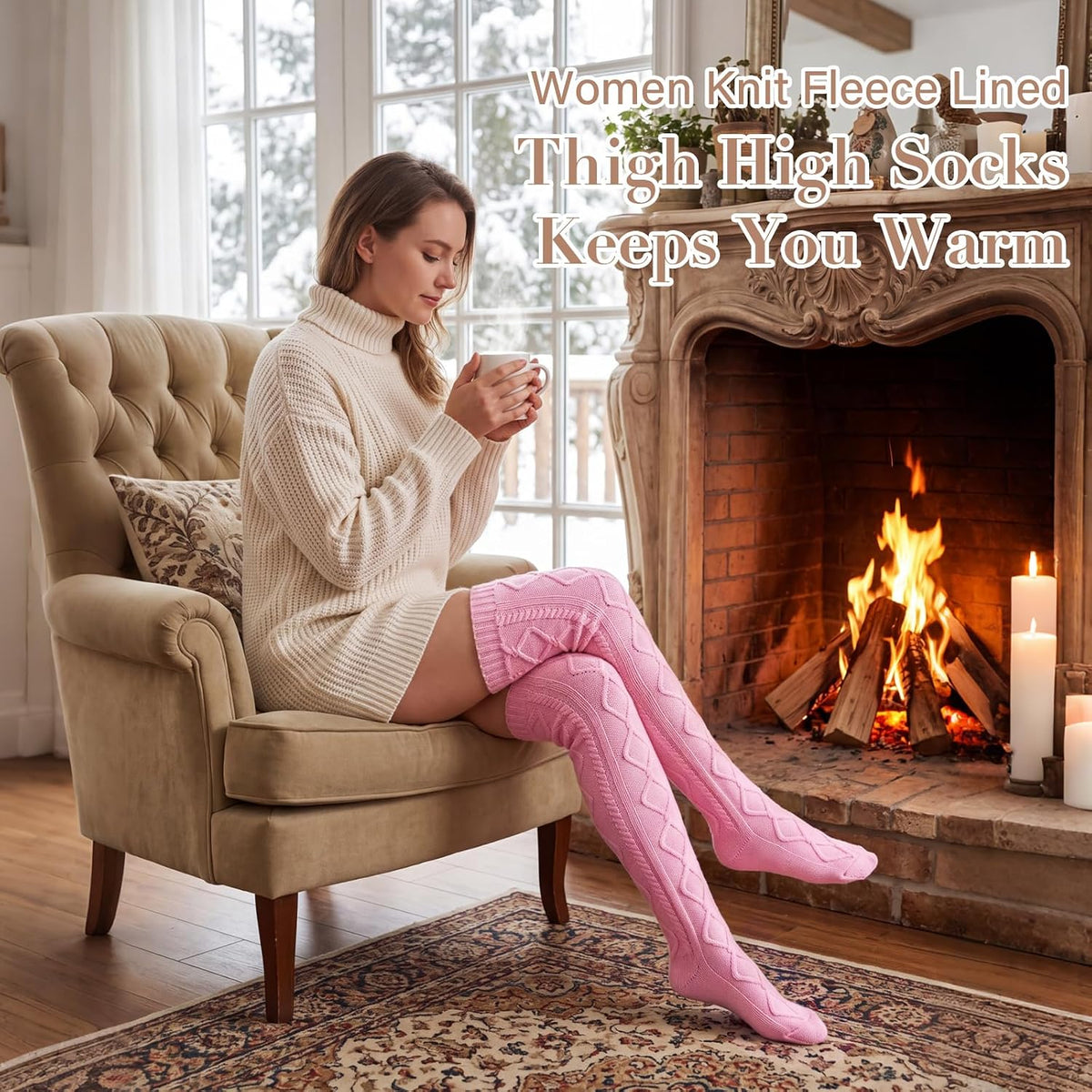 Moon Wood Women Fleece Lined Thigh High Socks Cable Knit Extra Long Boot Stocking - Light Pink