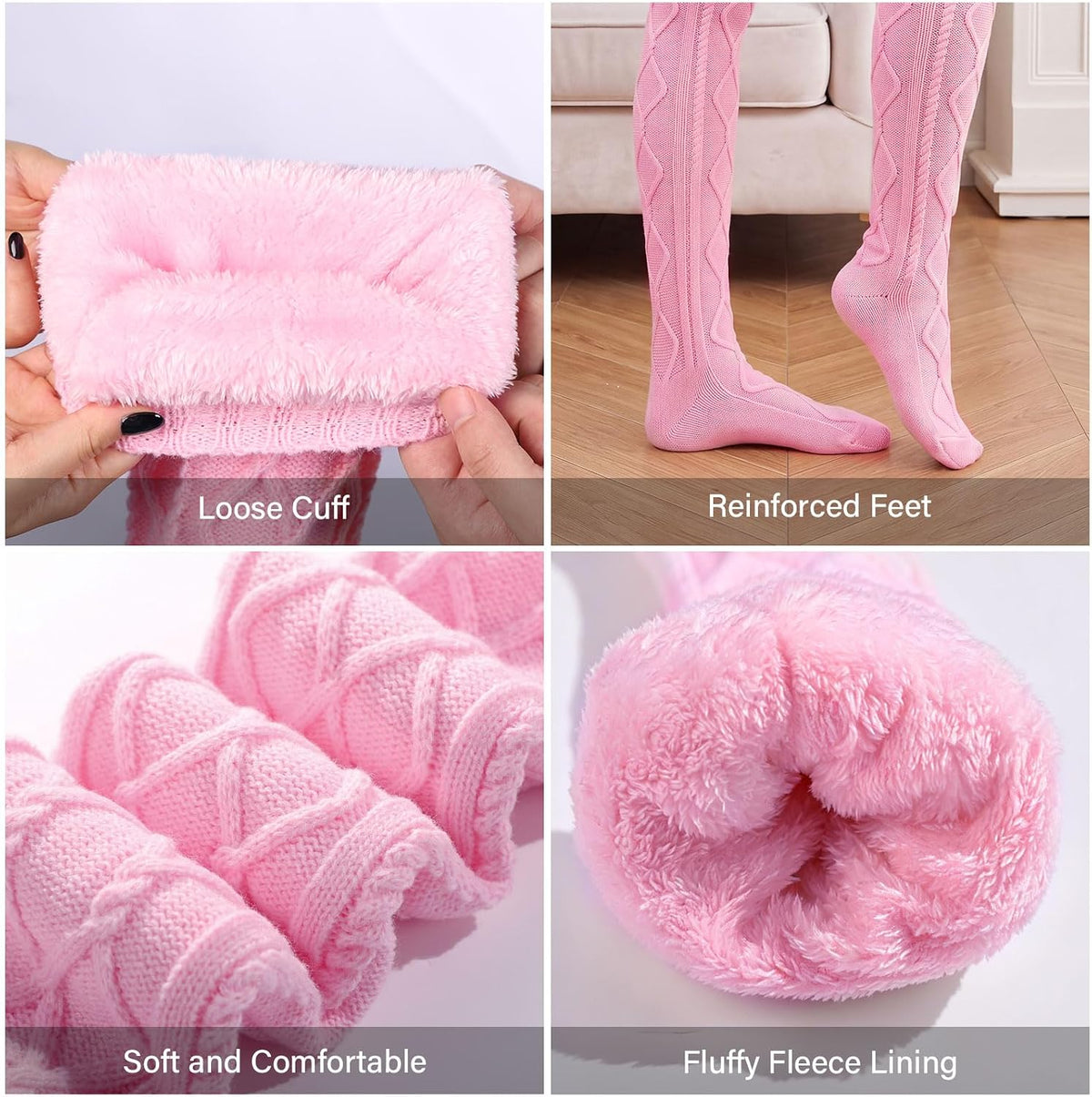 Moon Wood Women Fleece Lined Thigh High Socks Cable Knit Extra Long Boot Stocking - Light Pink