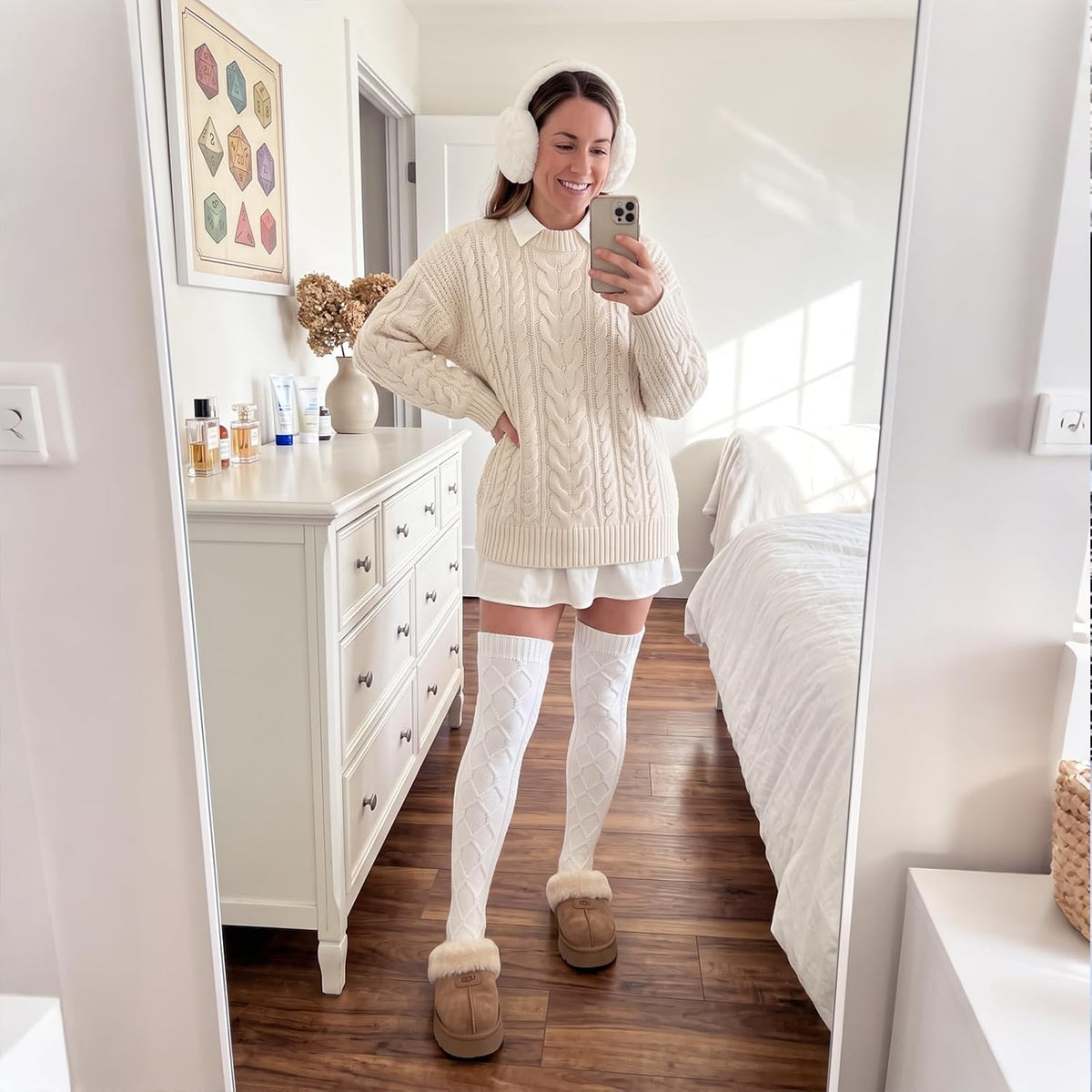 Moon Wood Women Fleece Lined Thigh High Socks Cable Knit Extra Long Boot Stocking - White