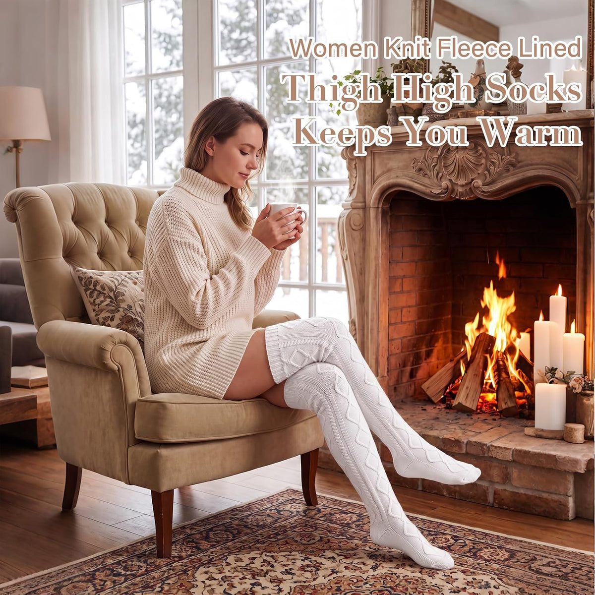 Moon Wood Women Fleece Lined Thigh High Socks Cable Knit Extra Long Boot Stocking - White