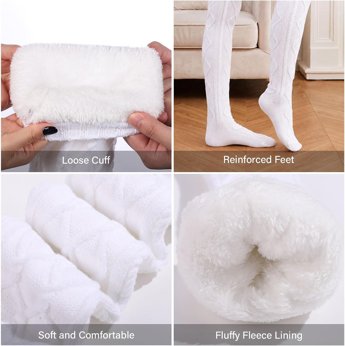 Moon Wood Women Fleece Lined Thigh High Socks Cable Knit Extra Long Boot Stocking - White