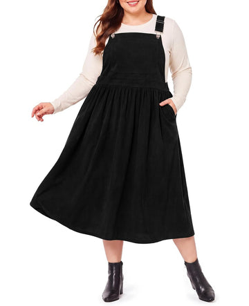 Moon Wood Women Plus Size Corduroy Overall Dress Jumper Pinafore Fall Dress - Black