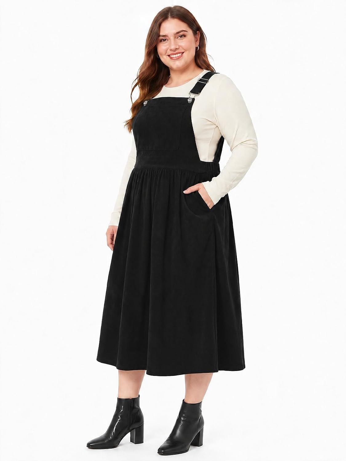 Moon Wood Women Plus Size Corduroy Overall Dress Jumper Pinafore Fall Dress - Black