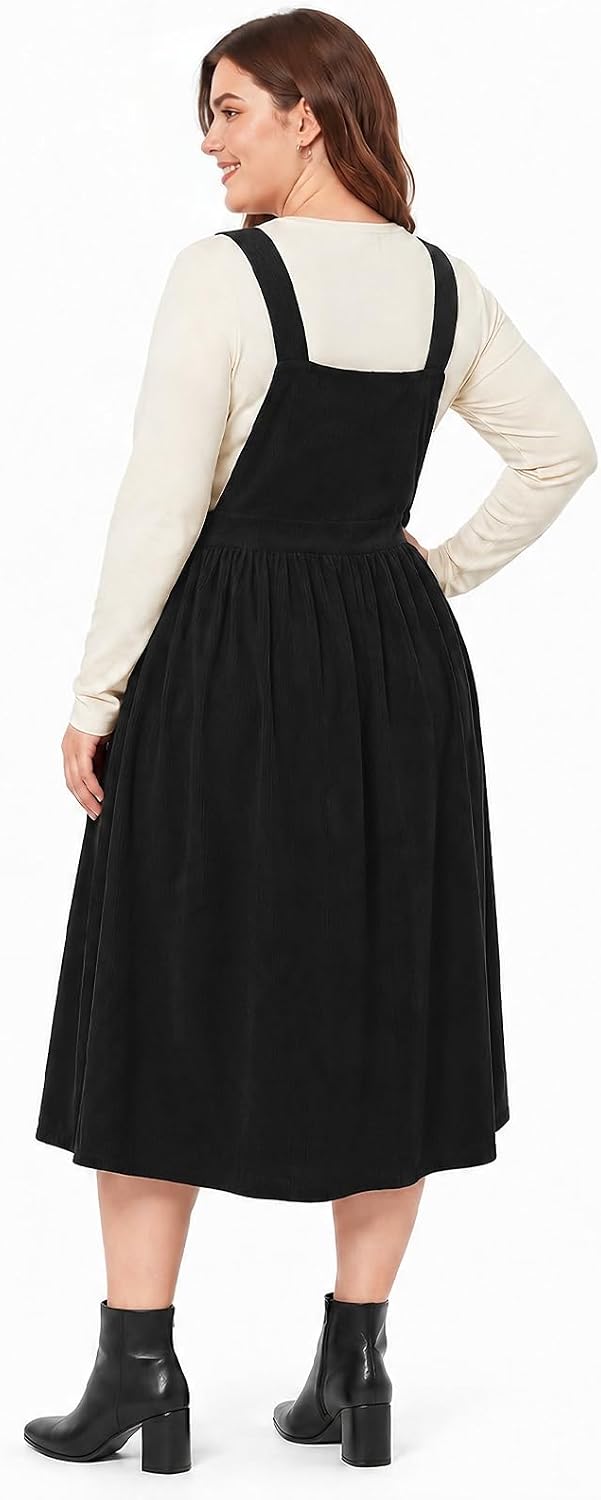 Moon Wood Women Plus Size Corduroy Overall Dress Jumper Pinafore Fall Dress - Black