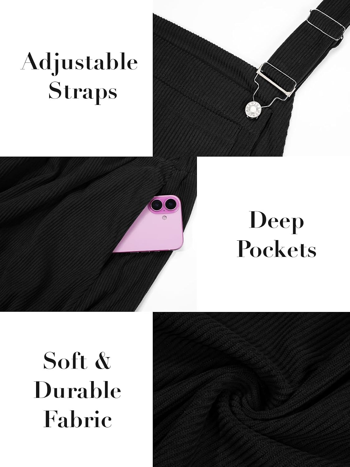 Moon Wood Women Plus Size Corduroy Overall Dress Jumper Pinafore Fall Dress - Black