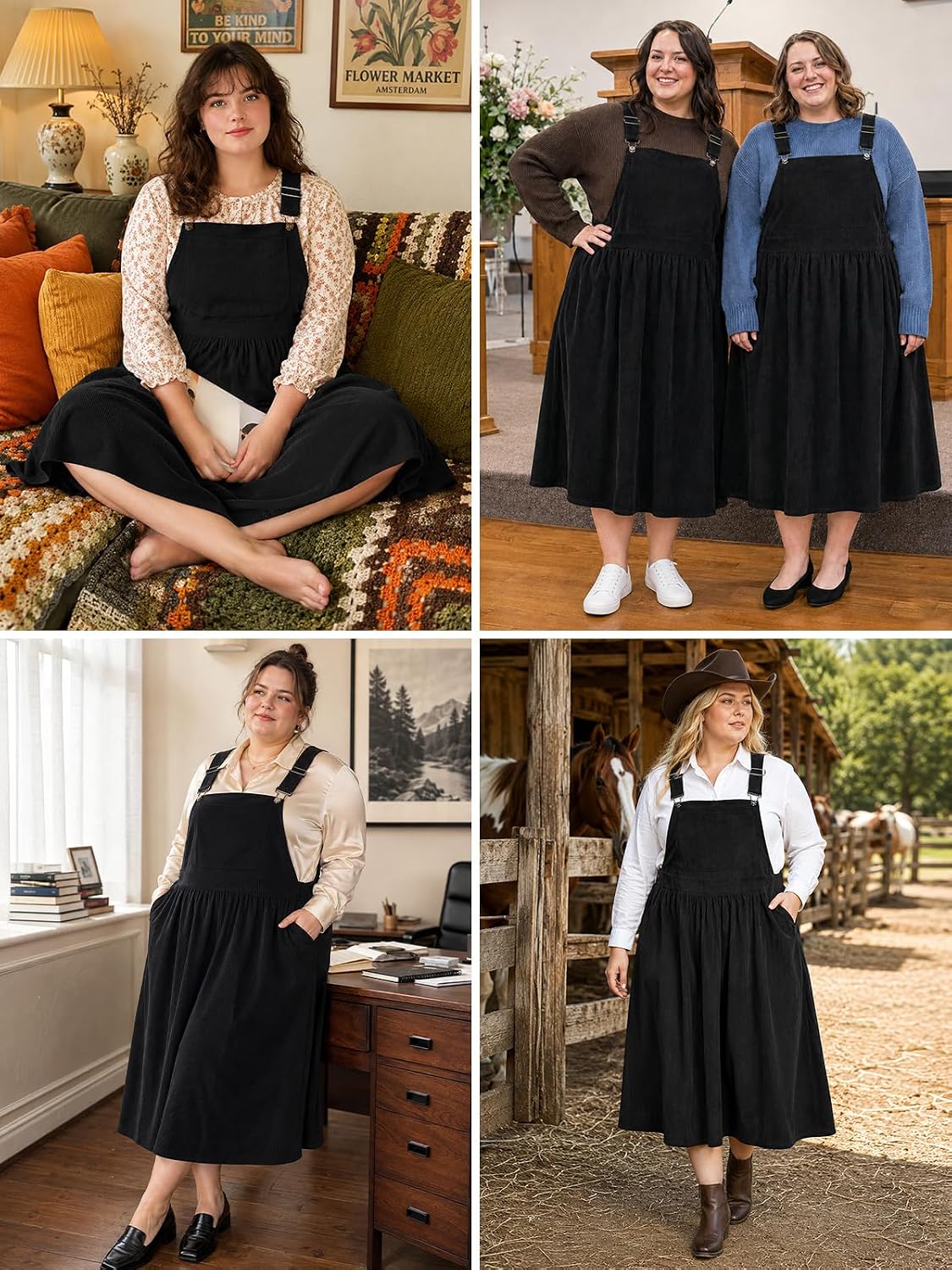 Moon Wood Women Plus Size Corduroy Overall Dress Jumper Pinafore Fall Dress - Black