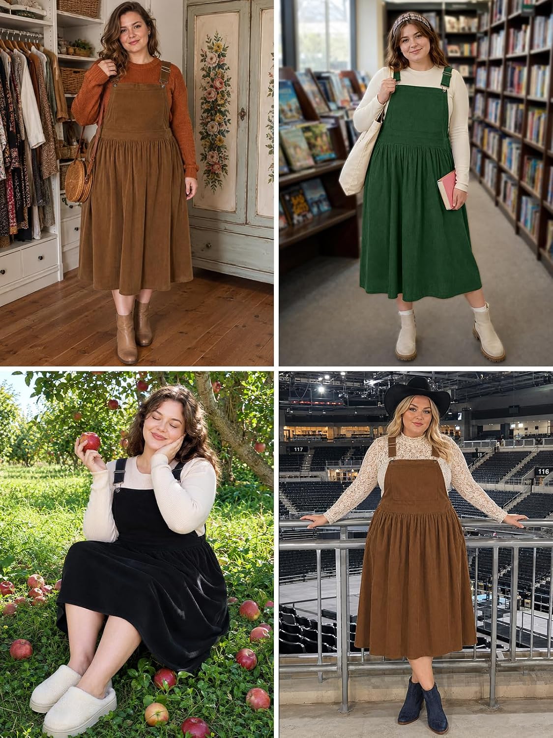 Moon Wood Women Plus Size Corduroy Overall Dress Jumper Pinafore Fall Dress - Black