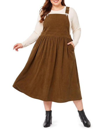 Moon Wood Women Plus Size Corduroy Overall Dress Jumper Pinafore Fall Dress - Brown