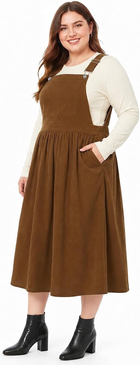 Moon Wood Women Plus Size Corduroy Overall Dress Jumper Pinafore Fall Dress - Brown